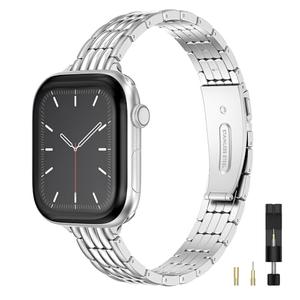 Wearlizer Slim Metal Band Compatible with Apple Watch Bands 41/40/38/42mm Women, Dressy Thin Stainless Steel Strap Silver Link Bracelet for iWatch Series 11 10 9 8 7 6 5 4 3 2 1 SE Silver