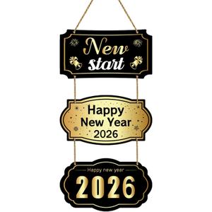 YUNKKIN Happy New Year Sign 2026 Black Gold New Years Wreath Door Sign Wooden Front Door Decorations Hanging Decor for Porch Wall Indoor Home Decor