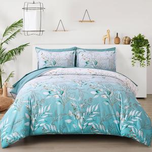 WONGS BEDDING Comforter Set Queen Size, 7 Pieces Aqua Botanical Bed in a Bag Golden Leaves Gradient Bedding Set Soft Microfiber (1 Comforter,2 Pillowcase,2 Pillow Shams,1 Flat Sheet,1 Fitted Sheet)