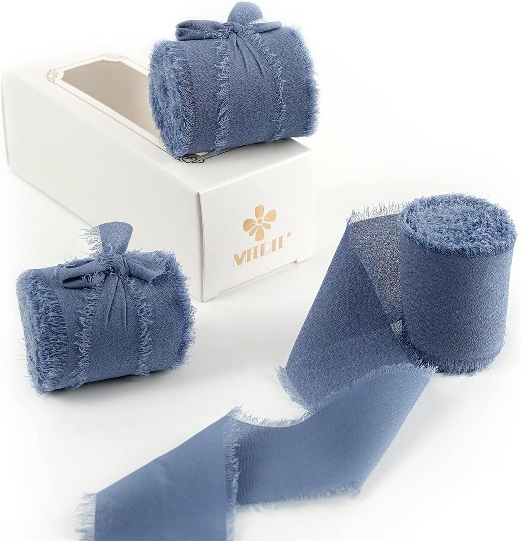 MEEDEE Dusty Blue Chiffon Ribbon - 2 Inch Frayed Ribbon Fringe for Crafts, Gift Wrapping, Wedding Invitation, Bridal Bouquet (3 Rolls 21 Yards)