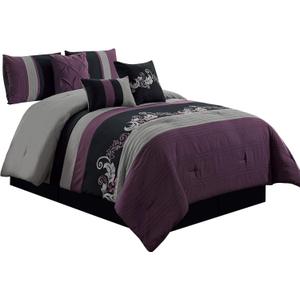 Chezmoi Collection Napa 7-Piece Luxury Leaves Scroll Embroidery Bedding Comforter Set (King, Purple/Black/Gray)
