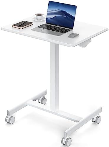 DUMOS Small Standing Desk Mobile Portable Rolling Laptop PC Table on Wheels Adjustable Height Computer Workstation for Home Office, 19 Inch, Modern White