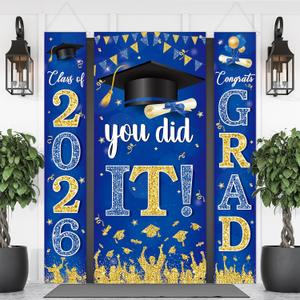 Blue and Gold Graduation Decorations 2026 Congrats Grad Hanging Banner You Did It Door Cover Class of 2026 Graduation Backdrop and Porch Sign Banner for High School College Grad Party Decor
