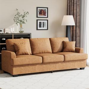 IDEALHOUSE Modern 86" Leather Sofa with 2 Throw Pillows, Deep Seat Couch with Upholstered Cushion & Removable Cover,Comfy Faux Leather Sofa Couch for Small Space Apartment Lounge, Brown