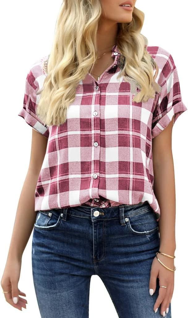 Veatzaer Women's Plaid Short Sleeve Button Down Shirt Casual Summer Blouses Tops X-Large, Pink