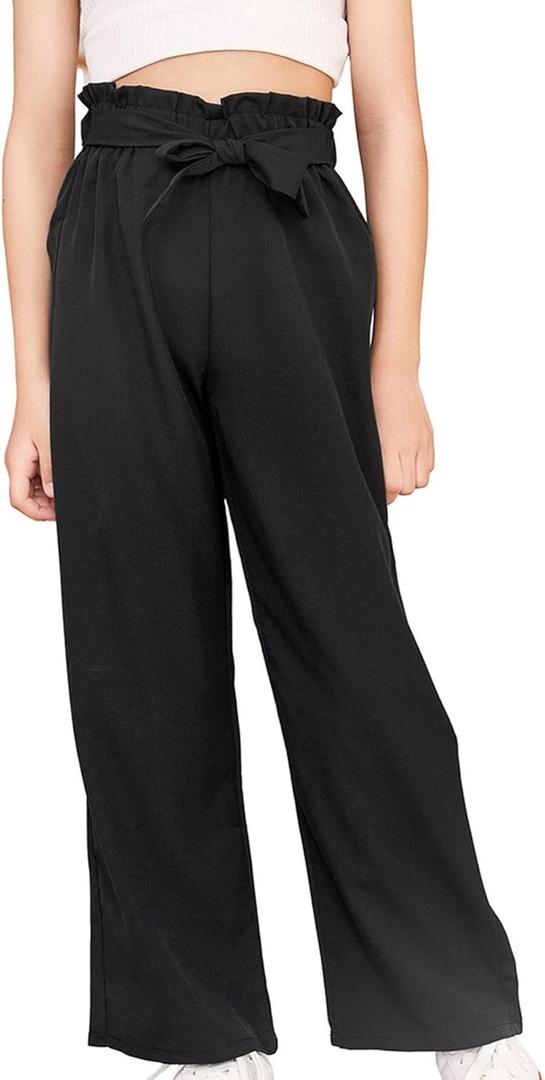 WDIRARA Girl's Paper Bag Waist Belted Wide Leg Pants Casual Elastic High Waist Pants (Black, 16Y)