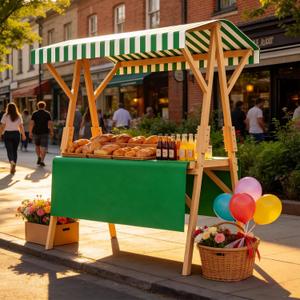 Market Stall Frame Carts Width 59" Outdoor Pine Wood Street Food Vendor Cart with Canopy Folding Vendor Stall Cart with Wheels for Beaches or Festivals (Green)
