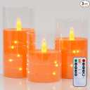 Flameless Flickering 3" x4" 5" 6" Clear Plastic Orange 11-Key Remote Candles with Light Strings, LED Battery Operated Cycle Timer Pack of 3 Candles for Halloween Festival Decor