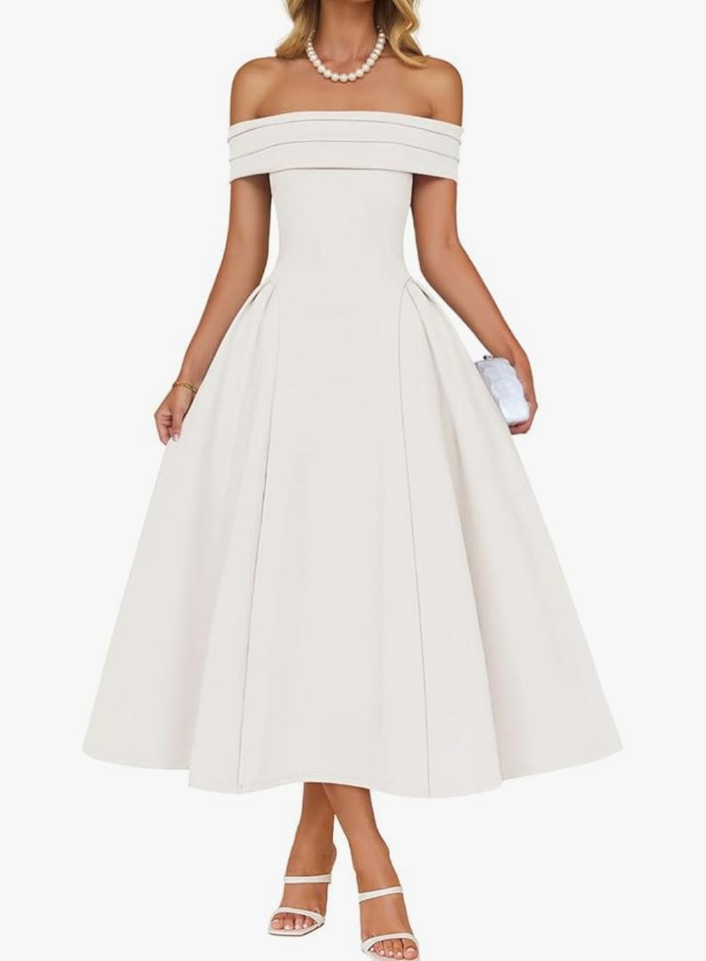 ZESICA Cocktail Dresses for Women's Elegant Off Shoulder Short Sleeve Swing A Line Wedding Evening Party Midi Dress, L