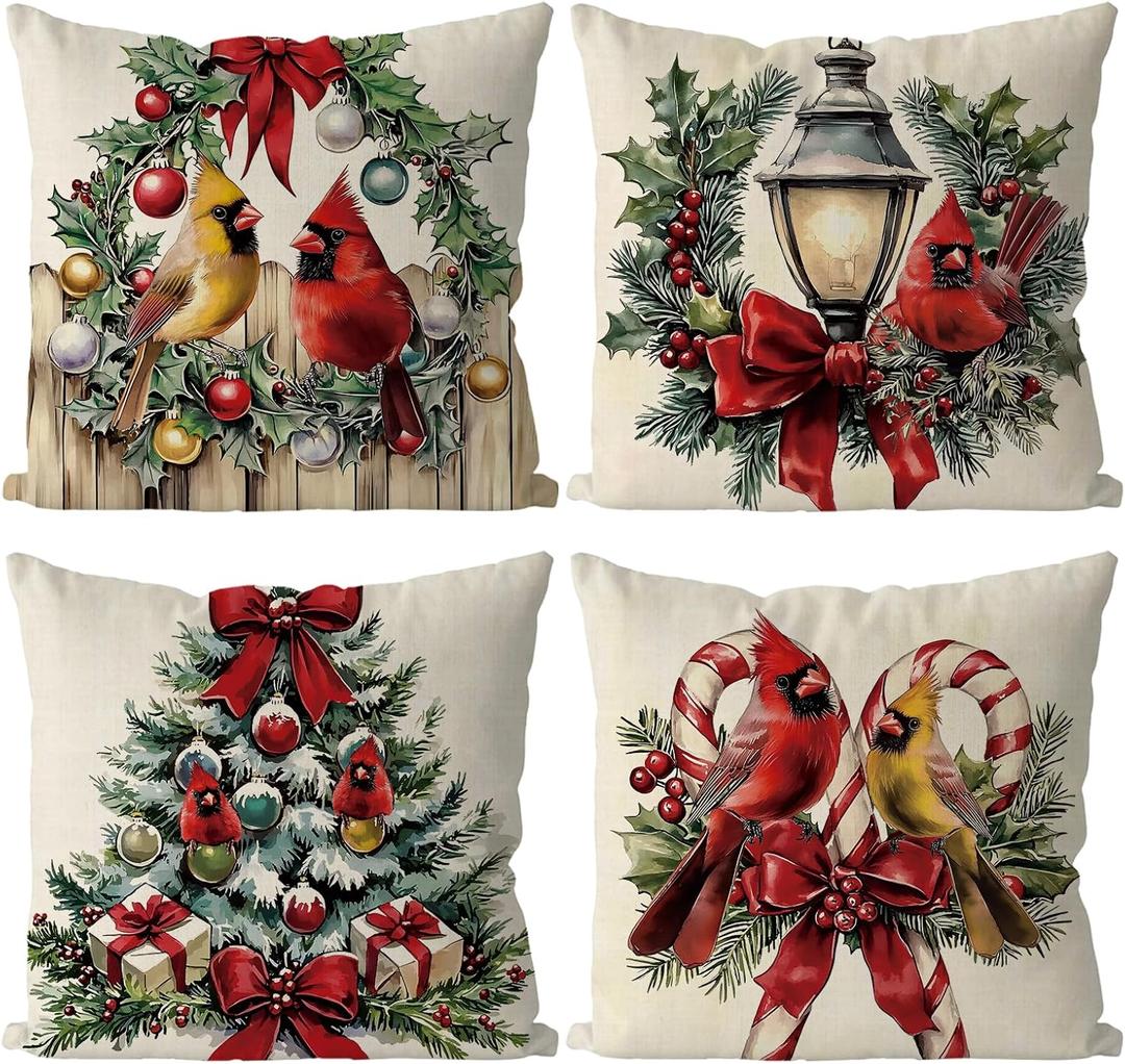 Cardinal Christmas Decorations Vintage Christmas Pillow Covers Xmas Farmhouse Throw Pillow Covers Joy Pilllowcases Home Sofa Living Room Decorative Cushion Case 18x18 Inch Set of 4