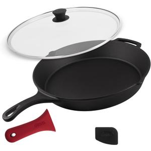 Cuisinel 15" Cast Iron Skillet + Glass Lid Cover + Black Pan Scraper + Silicone Handle Grip Cover - Pre-seasoned Kitchen Cookware - Indoor/Outdoor - Camping, Grilling, BBQ, Oven Use