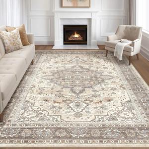 8x10 Area Rugs Living Room: Washable Boho Large Neutral Vintage Soft Rug Stain Resistant Farmhouse Non Slip Indoor Floor Carpet for Bedroom Nursery Kids Playroom Office Dining Room Home Decor- Brown