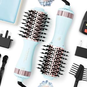 Travel Dual Voltage Hair Dryer Brush 4-in-1 Portable Mini Hot Air Blow Dryer Straightener & Curler Brush, Titanium Round Blowout Styler Volumizer Tools, 110/240V US/EU/UK -Baby Blue & Rose Gold