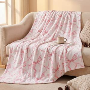 Buryeah Pink Bow Throw Blanket Valentine's Day Valentine's Day Gifts Preppy Blanket Coquette 50" x 60" Flannel Soft Cute Bow Lightweight Aesthetic Room Decor for Women Friends for Sofa Travel Bed