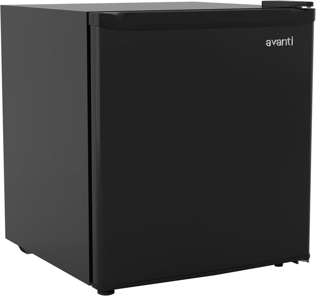 Avanti Mini Fridge 1.6 Cu. Ft. Compact Refrigerator for Dorm, Office & Bedroom, Chiller Compartment, Glass Shelf, Reversible Door with Automatic Defrost, ENERGY STAR, Black