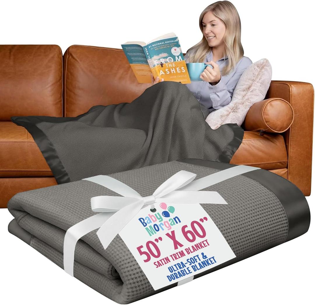 Adult Thermal Waffle Throw Blanket - Soft Lightweight Waffle Knit Design - Breathable Layer for Couch, Bed & Travel - Throw Blanket for Home & Living Room - 50" x 60" (Satin Trim, Gray)