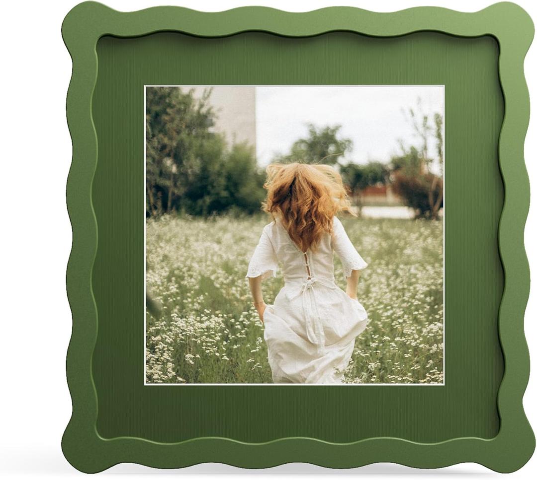 8x8 Picture Frame with Mat for 6x6, Wavy Edge Wooden Real Glass Photo Frame for Tabletop and Wall Hanging, Green, 1 Pack