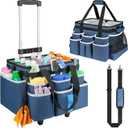 Large Rolling Cleaning Caddy Bag with Detachable Trolley,Cleaning Cart on Wheels with Shoulder Strap,Cleaning Supplies Organizer for Housekeepers, Blue