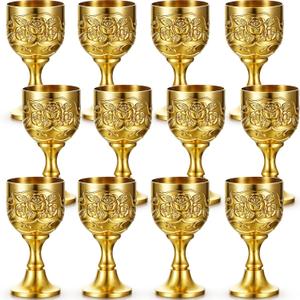 Nosiny 12 Pcs Mini Chalice Goblet Vintage Gold Copper Wine Small Chalice Cup Medieval Wine Glasses Zinc Alloy Flower Embossed Shot Glasses for First Communion Altar Drinking (1 oz)