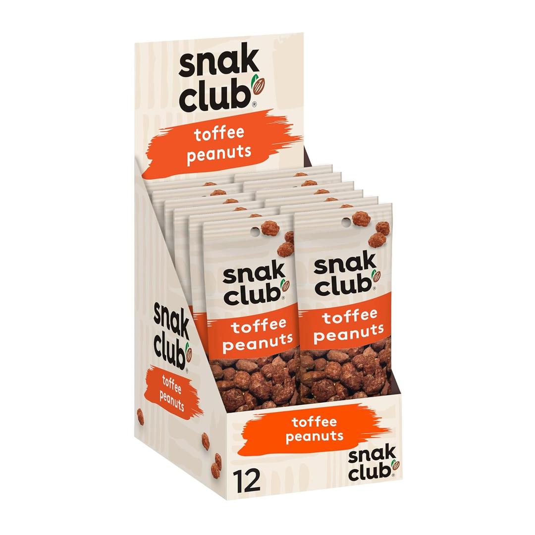 Snak Club Toffee Peanuts, Candied Peanuts with Praline Coat and Sweet Cream, Gluten-Free and Kosher Snack, 2 oz Bags, 12 Pack