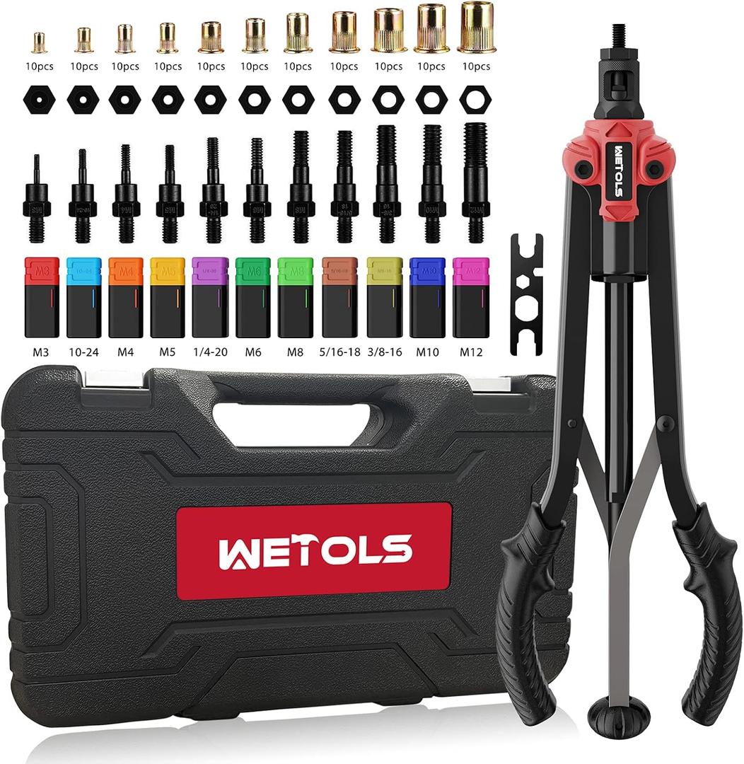 WETOLS 17" Rivet Nut Tool, Hand Rivet Tool Kit with 11 Metric & SAE Mandrels M3 M4 M5 M6 M8 M10 M12, 10-24, 1/ 4-20, 5/ 16-18, 3/ 8-16, 110pcs Rivnuts, Sturdy Case Packed, Auto Release Nut Design, WE-896