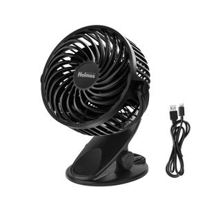 Holmes 4” USB Rechargeable Clip Fan – 3 Speeds, 360° Head Tilt, Portable, 5-Hour Battery, Black