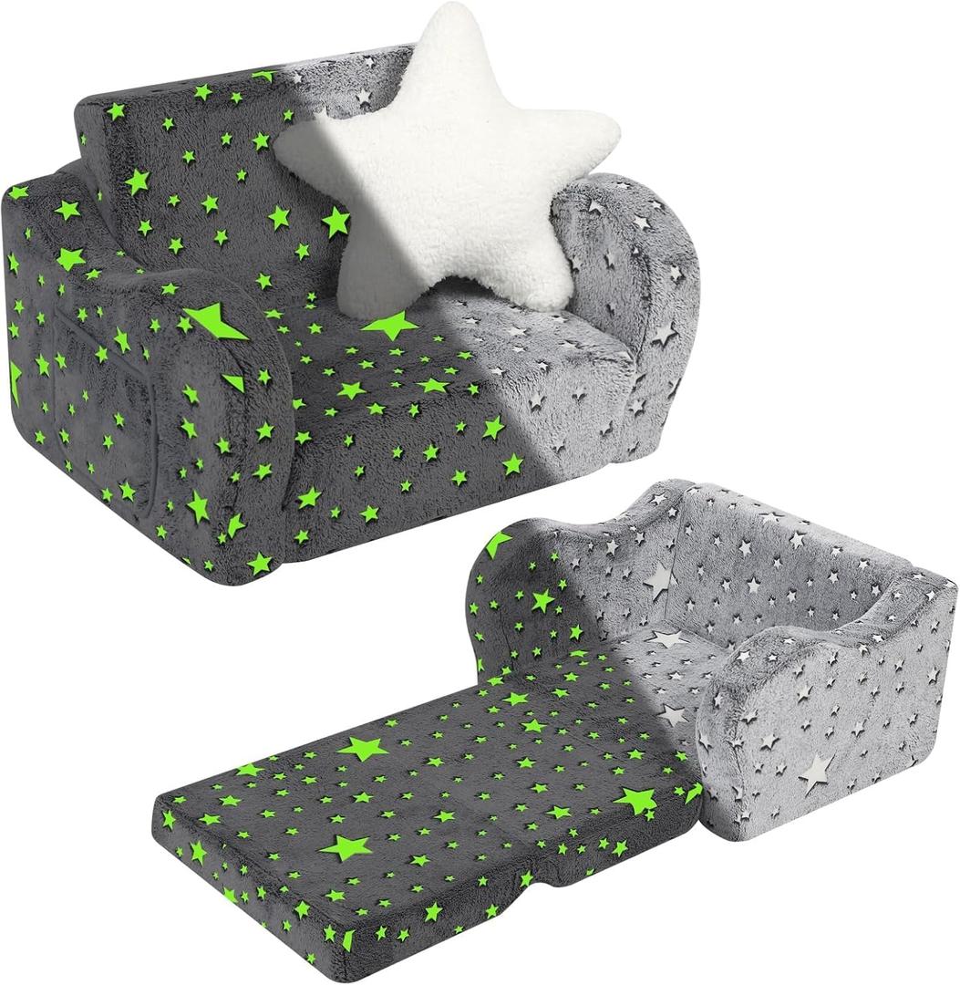 Toddler Couch, 2-in-1 Kids Soft Couch Fold Out with Star Pillow, Foldable Sofa to Lounger, Medium, Star Glow in The Dark (Light Grey)