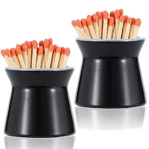 Haillai 2 Pack Match Holder with 6 Pcs Strikers, Handmade Ceramic Match Box for All Matches, Cute Home Decor Match Jar with Striker for Candle, Fireplace, Parlor. (Sold Without Matches) (Black)