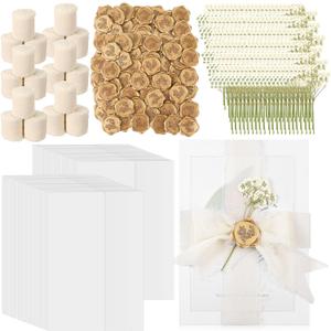 Fuyoooo 100 Set Wedding Invitations Wraps Set Pre Folded Vellum Jackets for 5 x 7 Invitations Self Adhesive Gold Wax Seal Stickers Dried Baby's Breath Flowers Chiffon Silk Ribbon for Craft DIY