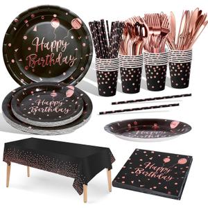 Birthday Party Tableware, 161 Pieces Black and Rosegold Party Supplies, Party Dinnerware Sets Include Paper Plates Napkins Cups Silverware, for Shower Engagement Parties Decoration -20 Serves