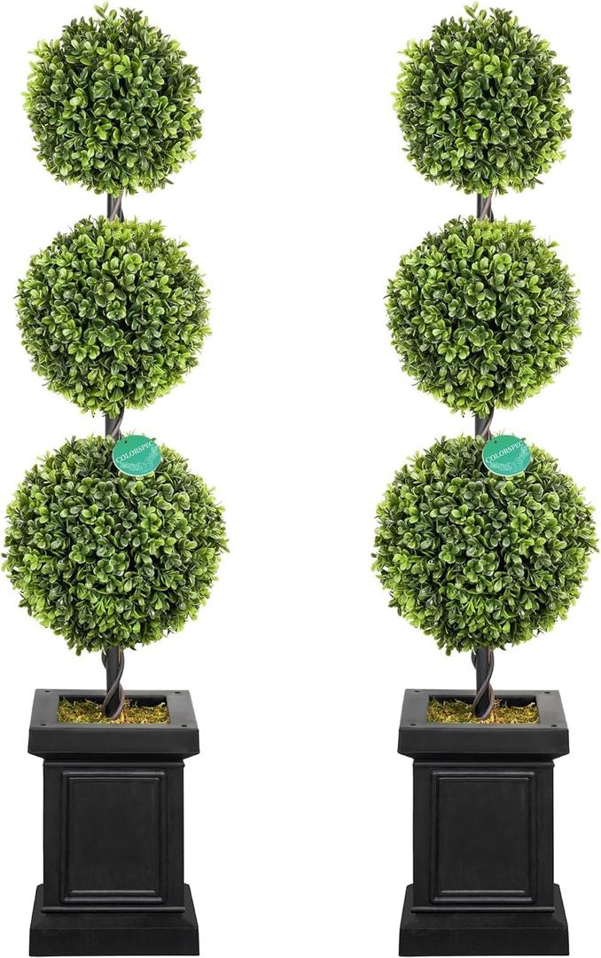 3.5ft Boxwood Outdoor Topiary Set of 2, Tall All Year Green Fake Plant Topiary Trees Artificial Outdoor Porch Trees with Sturdy Pot for Outdoor Indoor (Ball)