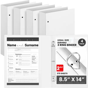 Henoyso 4 Pcs 8.5" x 14" Legal Size Binder, 3 Ring, 2 Inch, White