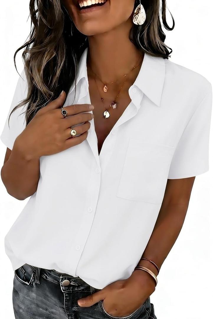 Zeagoo Women Blouses Short Sleeve Button Down Shirts Business Casual Dressy Work Tops Summer Spring Clothes (White, M)