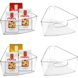 URALFA Lazy Susan Organizers Set of 4, 10"x 9.5"x 4" Corner Cabinet Organizer, Plastic Transparent Kitchen Cabinet Storage Bins with Handle, 4" Deep Container, 1/8 Wedge - Food Safe, BPA Free