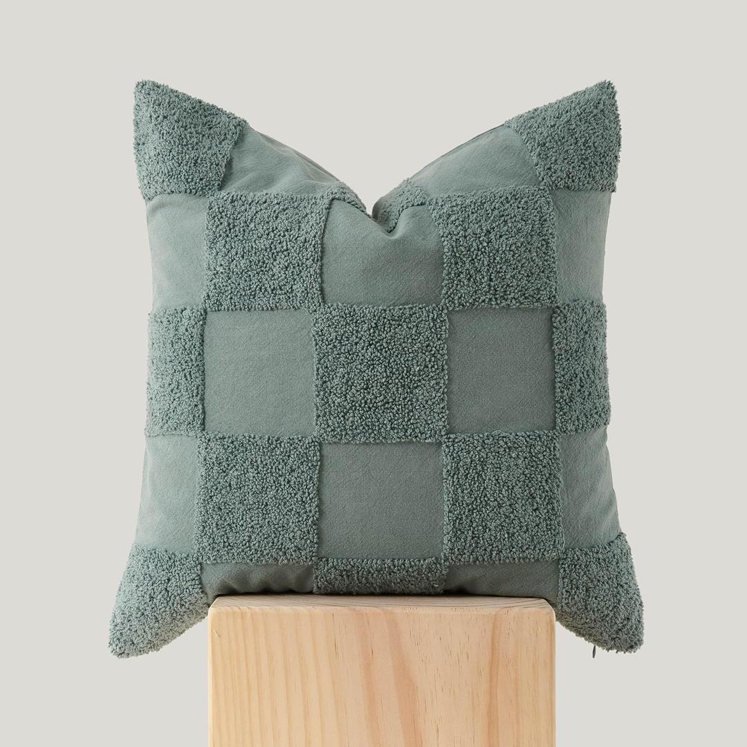 Double Stitch Checkered Throw Pillow Covers - 100% Cotton Tufted Boho Decorative Pillow Covers 20x20, Made in India, Square Cushion Case, Modern Home Decor for Couch, Sofa, Living Room, Chinois Green 