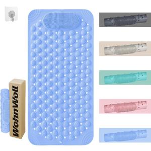 Bathtub and Shower Mats with Massage Brush, Non Slip Soft Bath Tub Mat with Suction Cups and Drain Holes for Bathroom Floor for Wet Areas, Quick Drying, 28x14 Inch, Blue