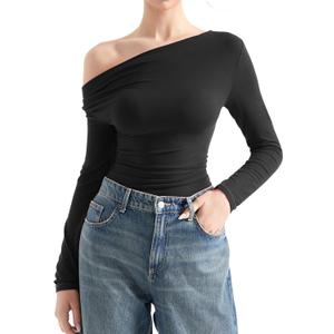 SUUKSESS Women Long Sleeve Off Shoulder Tops Trendy Cowl Neck Going Out Shirt for Fall (Small, Black)