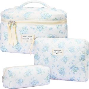 Mossio Quilted Cotton Makeup Bag - Large Floral Cosmetic Bag Cute Toiletry Organizer Flower Travel Essentials for Women & Girls (Blue Rose)