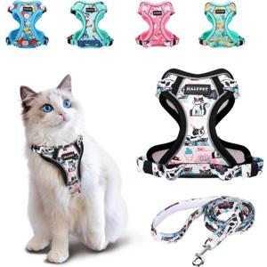 Halypet Cat Harness and Leash Set[MAX Safety 4th-Gen] Cute Escape Proof Vest Harness for Girl&Boy Cat Walking, Comfortable Adjustable Leash and Reflective Strips for Outdoor Kitten, S Inky Meowy (Small (7-12lb))