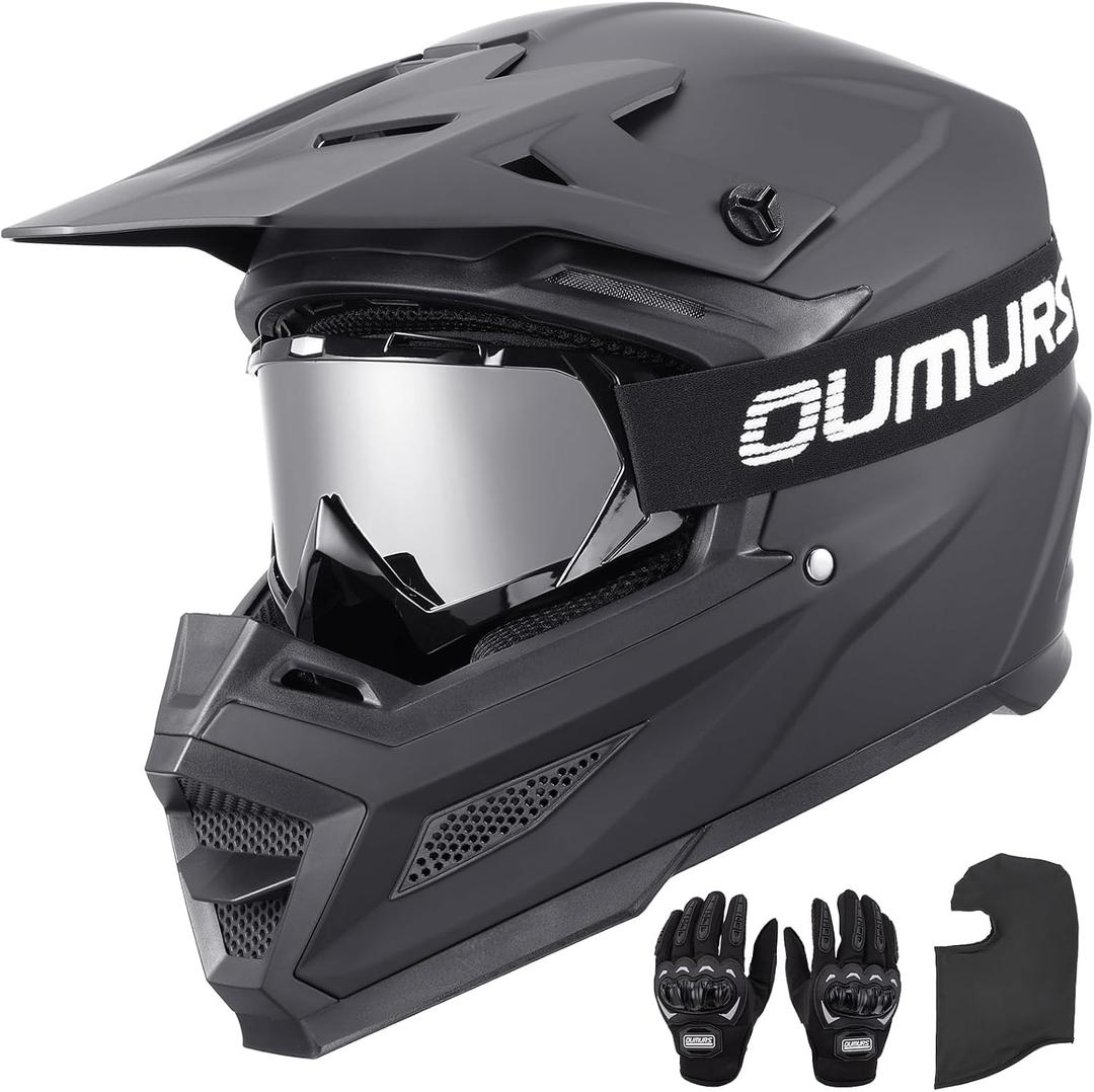 OUMURS DOT Adult ATV Dirt Bike Helmet with Goggles Gloves & Mask Adjustable Sun Visor Motorcycle Adult Helmet Off-Road Motocross Downhill Moped MX for Unisex-Adult-809 Matte Black, M