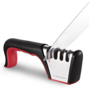 Brigii 4-in-1 Knife Sharpener, Kitchen Knife Accessories for Ceramic Knives, Steel Knives and Scissors, Aiding in Repair, Restoration, and Polishing of Blades (Black+Red)