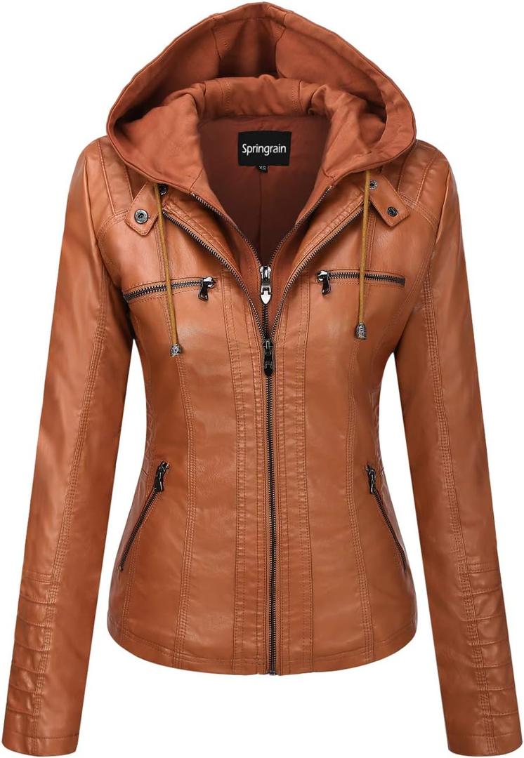 Springrain Women's Faux Leather Jacket Moto Biker Coat with Detachable Hood Motorcycle Jacket (XX-Large, Brown)