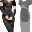 Popilush Shapewear Dress with Sleeves - Multi Way Wear Dresses Off The Shoulder Ruched Bodycon Cocktail Dress (Large, Black)