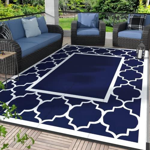 GENIMO 4' x 6' Outdoor Rug Waterproof for Patio Decor, Foldable Reversible Plastic Straw Area Rugs Mat for Camper, Outside Carpet for Rv, Deck, Porch, Picnic, Beach, Balcony, Blue & White