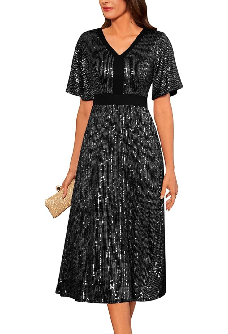 GRACE KARIN Women's Sequin V Neck Ruffle Sleeve Empire Waist Sparkly Glitter A Line Cocktail Formal Dresses L