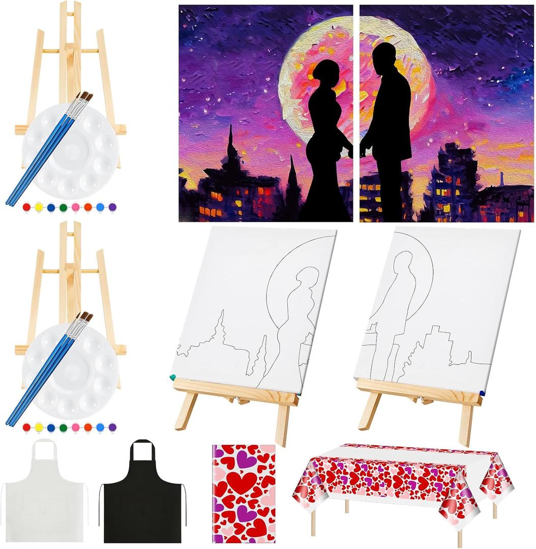 Yeaqee 13 Pcs Valentines Sip and Paint Kit for Couples Date Night Painting Kit Supplies Canvas Art Painting Set Pre Drawn Blank Stretch Canvas for Couple Adults Party(Moonlit Couple,8x10)