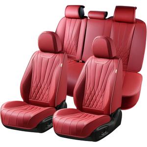 FLORICH Car Seat Cover Full Set, Red Automotive Seat Covers, Luxury Faux Nappa Leather Car Seat Protectors, Car Seat Cushions Universal Fit for Most Sedans SUVs Trucks - Red
