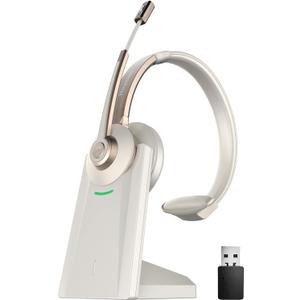 Bluetooth Headset, Wireless Headphones with Microphone Noise Canceling & USB Dongle, V5.0 Trucker Bluetooth Headset with Mic Mute & Charge Dock for PC/ Laptop/ Phone/ Meeting/ CallCenter/ Office Gold