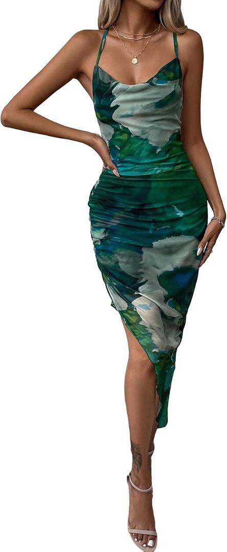GORGLITTER Women's Mesh Ruched Bodycon Birthday Midi Dress Tie Dye Asymmetrical Party Going Out Wedding Guest Dresses Small