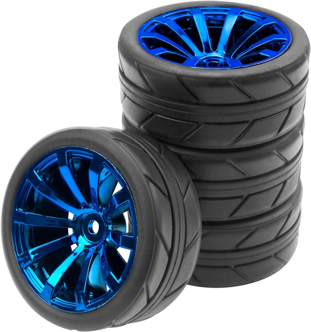 ShareGoo OD 2.55" Rubber Tires w/Plastic Wheel Rims 12mm Hex Compatible with HSP Tamiya Kyosho Traxxas Sakura WLtoys 1/10 RC On Road Racing Touring Car (Blue)